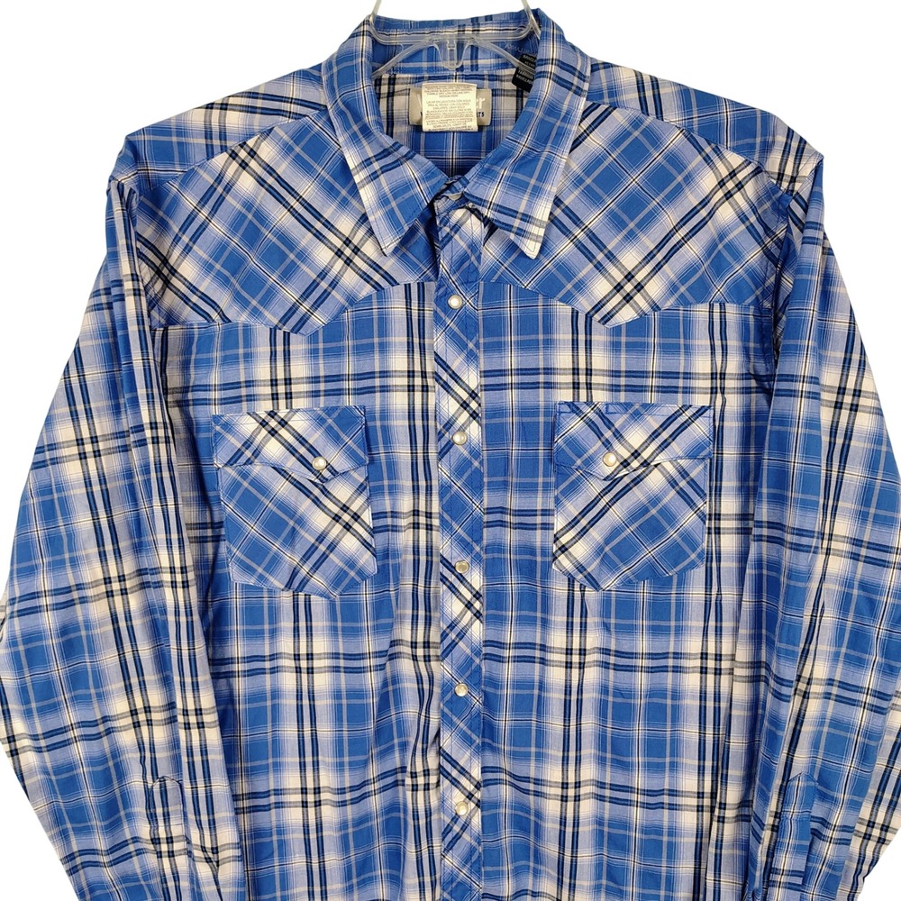 Wrangler‎ Mens XL Wrancher Shirt Blue Plaid Pearl Snap Westerncore Cowboy